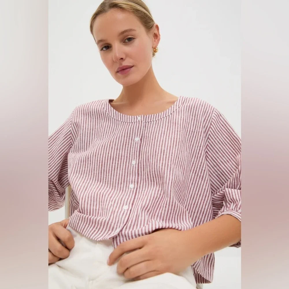 Tuckernuck Red Stripe Linen Kennedi Blouse Size Large Boxy Preppy - Picture 5 of 14